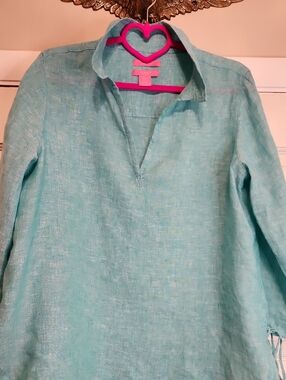 ISAAC MIZRAHI Linen 100% Lightweight Turquoise  SHIRT top Long Sleeve Tie Sides